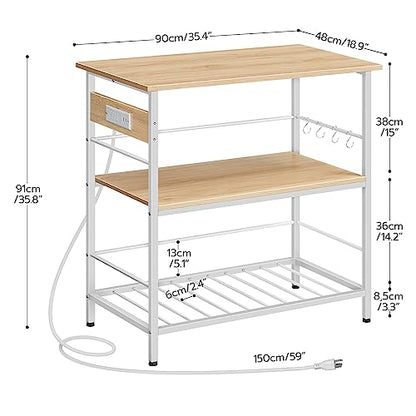 Kitchen Island with Storage, Kitchen Island Table with Power Outlet, 3 Tier Coffee Station and Microwave Stand, for Home, Kitchen and Dining Room, Natural and White WN021ZD01