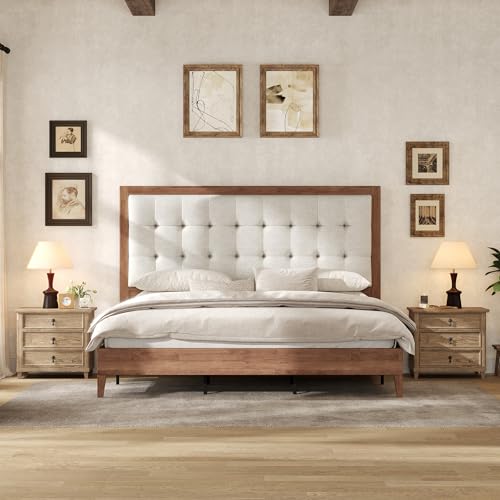 Solid Wood Queen Bed Frame 50.2" Upholstered Headboard, Walnut, view 4