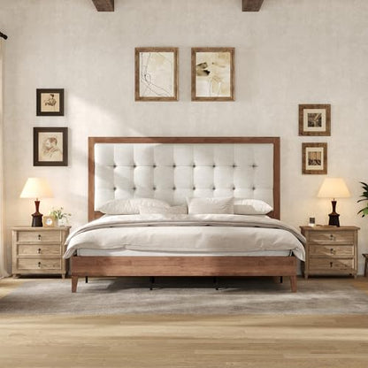 Solid Wood Queen Bed Frame 50.2" Upholstered Headboard, Walnut, view 4