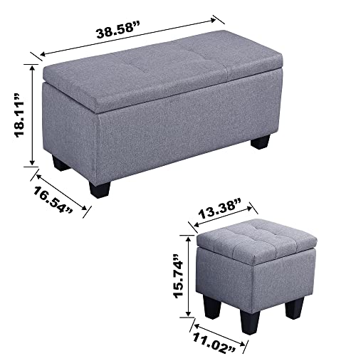 Hinged Storage Ottoman Set of 3, 38'' Living Room Storage Bench with Thick Seating, 2pcs Small Square Dorm Stool Couch Side Foot Rest
