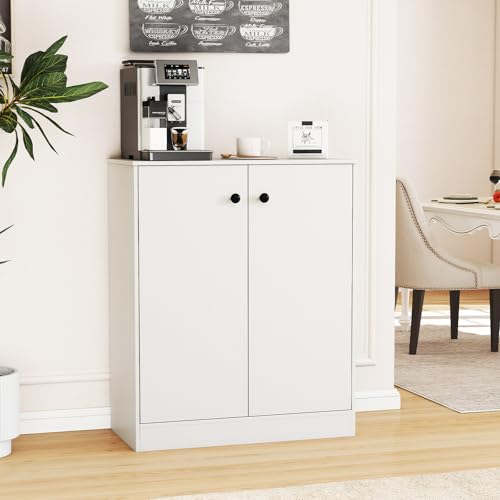 2-Door Storage Cabinet, Modern Floor Cabinet with 3-Tier Shelf, Freestanding Side Cabinet with Anti-Toppling Device, Storage Organizer for Living Room, Kitchen, Dining Room, Entryway (White)