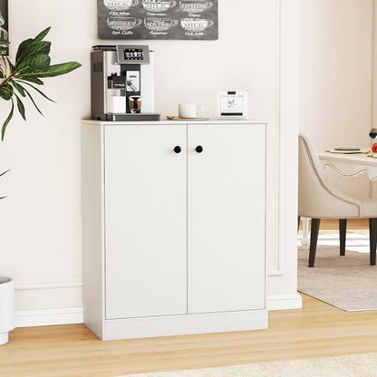 2-Door Storage Cabinet, Modern Floor Cabinet with 3-Tier Shelf, Freestanding Side Cabinet with Anti-Toppling Device, Storage Organizer for Living Room, Kitchen, Dining Room, Entryway (White)
