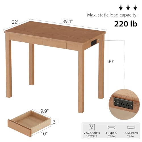 Solid Wood Desk with Charging Station and Drawers,Natural Color, view 3