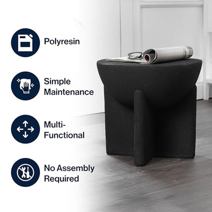 Brady 16.25" Modern Indoor Outdoor Accent Table, Black Frosted | Weather Resistant Polyresin, Waterproof Sculptural Geometric Drum, Minimalist Pedestal, Garden Stool, No Assembly