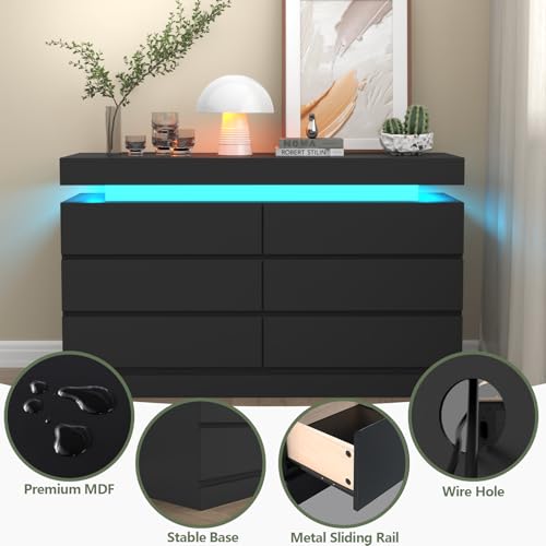 6 Drawer Dresser with Power Outlet, Dresser with LED Light, view 7