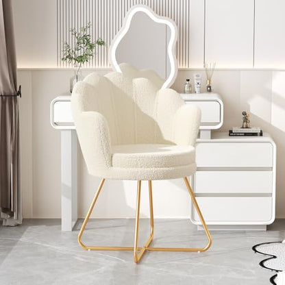 Vanity Chair with Back, Upholstered Accent Chair for Living Room, Makeup Chair for Bedroom Sherpa ArmChairs Home Office Desk Chair with Gold Metal Legs (White)