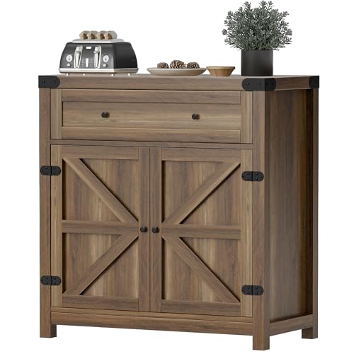 Coffee Bar Cabinet with Storage,Sideboard Buffet Cabinet with 1 Drawer and 2 Barn Doors,Kitchen Storage Cabinet for Kitchen, Living Room, Entryway (Brown)