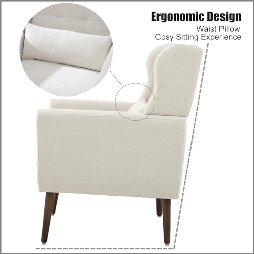 Modern Accent Chair Chenille Fabric Upholstered Tufted Side Wingback Chair,Mid Century Reading Armchair with Waist Pillow Backrest for Living Room Bedroom (Beige)