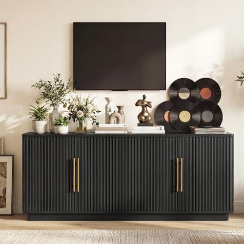 70" TV Stand for up to 80" TVs with 4 Fluted Doors, Black Oak, view 8
