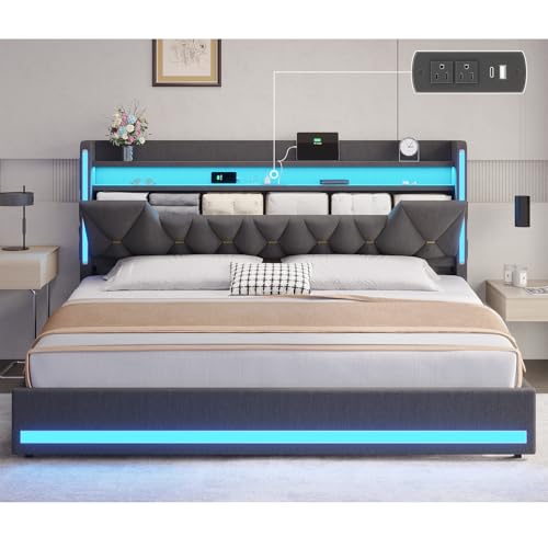 King Size Bed Frame with Storage Headboard and LED Lights, view 2