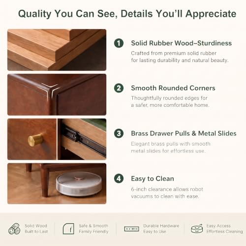 100% Solid Wood 5 Drawers Nightstand for Bedroom, Rubber Wood, view 4