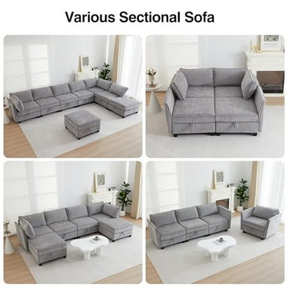 Oversize Corner Modular Sectional Sofa Set, Convertible L Shaped Couch with Storage, 8 Seater Sofa Modular with Ottomans and Reversible Chaise for Living Room, Office (Grey)