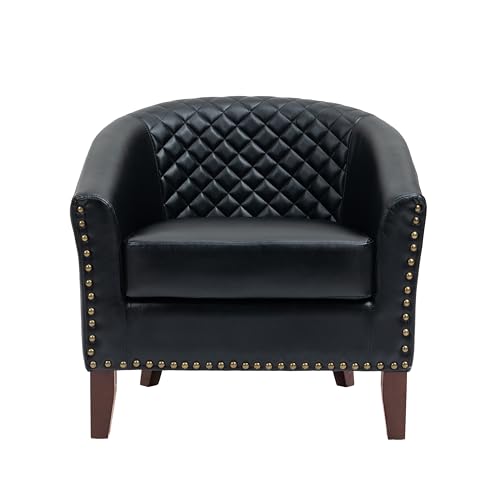 PU Leather Accent Chair, Barrel Club Chair Modern Upholstered Armchair for Living Room, Comfy Nailed Trim Arm Chair Bedroom Reading Seat, Black