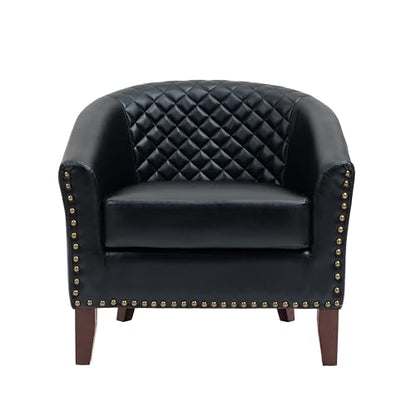 PU Leather Accent Chair, Barrel Club Chair Modern Upholstered Armchair for Living Room, Comfy Nailed Trim Arm Chair Bedroom Reading Seat, Black