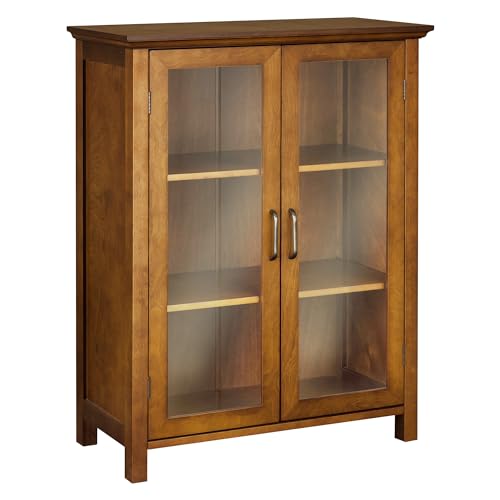 Avery Wooden Freestanding Floor Cabinet with 2 Adjustable Shelves 3 Storage Spaces 2 Glass Paneled Doors and 2 Antique Brass Knobs, Oiled Oak | Freestanding, 2 Adjustable Shelves, 3 Storage Spaces, 2 Glass Paneled Doors, 2 Antique Brass Knobs