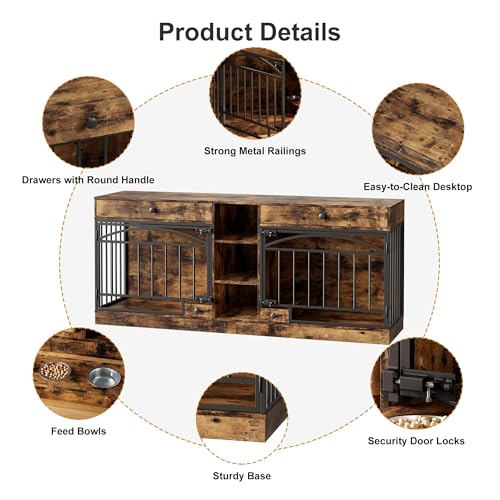 Dog Crate Furniture for 2 Dogs, Dog Kennel Indoor with Storage and Feeding Bowls, view 7
