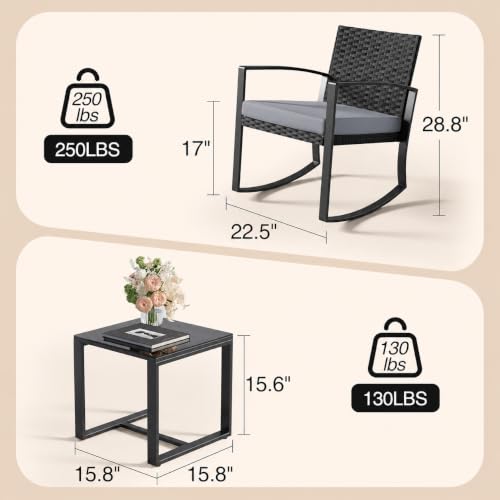 3 Pieces Patio Furniture Set Rocking Bistro Set Outdoor Rattan Conversation with Coffee Table for Garden Balcony Backyard Poolside (Grey Cushion)