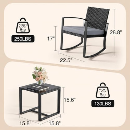 3 Pieces Patio Furniture Set Rocking Bistro Set Outdoor Rattan Conversation with Coffee Table for Garden Balcony Backyard Poolside (Grey Cushion)