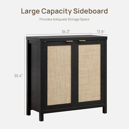 Sideboard Buffet Storage Cabinet - Boho Rattan Credenza Coffee Bar Cabinet with Large Storage, Farmhouse Console Buffet Table for Kitchen Living Room Entryway - 2 Black Pieces