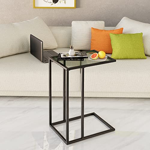 C Shaped End Table,Small Sofa Couch Side Table, Tempered Glass Snack TV Tray Table with Metal Frame for Small Space,Living Room, Bedroom, Bedside,Modern Style, Black