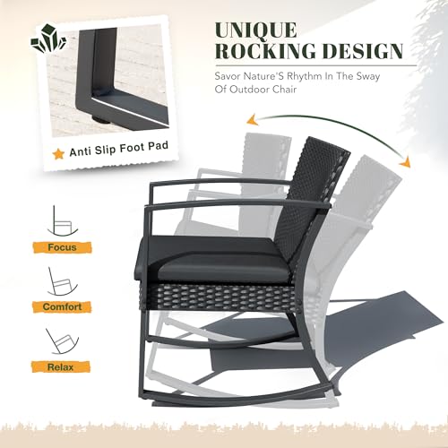 Resin Patio Furniture Set 3 Piece All Weather Outdoor Rocking Chairs with Cushions and Coffee Table for Bistro Balcony Porch (Black)