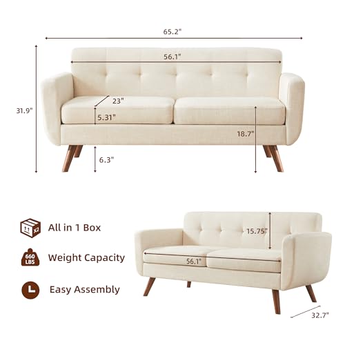 65" W Loveseat Sofa, Mid Century Modern Decor Love Seat Couches for Living Room, Button Tufted Upholstered Small Couch for Bedroom, Solid and Easy to Install Love Seats Furniture, Beige