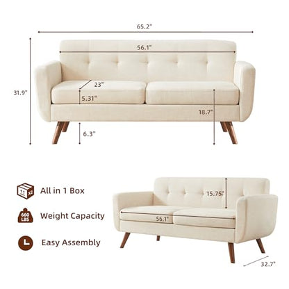 65" W Loveseat Sofa, Mid Century Modern Decor Love Seat Couches for Living Room, Button Tufted Upholstered Small Couch for Bedroom, Solid and Easy to Install Love Seats Furniture, Beige