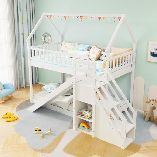 House Bunk Bed Twin Over Twin with Slide & Stairs, Wood Bunk Bed with Storage Shelves, No Box Spring Needed, Twin Floor Bed for Kids Teens Boys Girls (White)