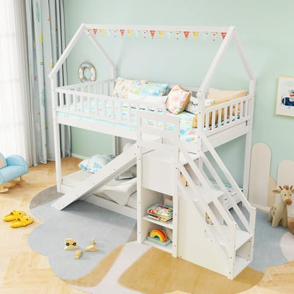House Bunk Bed Twin Over Twin with Slide & Stairs, Wood Bunk Bed with Storage Shelves, No Box Spring Needed, Twin Floor Bed for Kids Teens Boys Girls (White)
