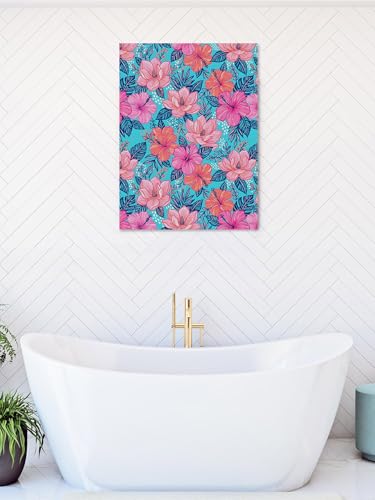 NuYeBiofx Exotic Pink Red Floral Blue Leaves Canvas Wall Art Prints,40"x28" Framed Picture Artwork Boho Tropical Plants Printed Canvas Oil Painting for Living Room Bedroom Office,Ready to Hang