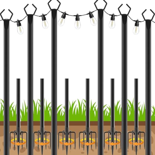 AHRLHR 6 Pack String Light Poles, Outdoor String Light Pole 10 ft Forked Metal Light Pole with Adjustable Outdoor Light Stand, Deck, Backyard, Garden, Wedding, Rustproof and Sturdy with Hooks.