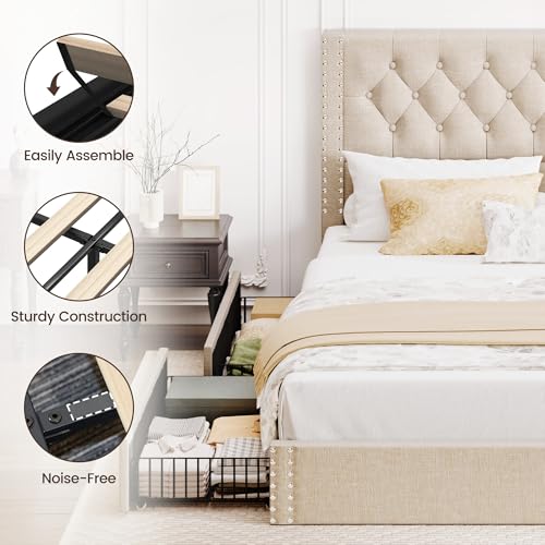 King Size Bed Frame with 4 Storage Drawers and Tufted Headboard Linen, view 6