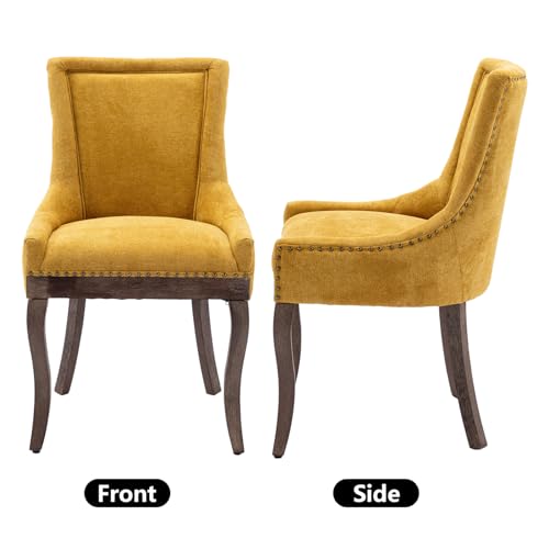 Fabric Vintage Upholstered Side Chairs Set of 6, Farmhouse Solid Wood Kitchen Dining Room Chairs with Nailheads Legs (Fabric Golden Yellow)