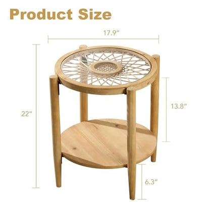 Rattan Nightstands Set of 2,Boho Wood Round Side Tables, 2-Tier Natural End Table with Glass Top and Wood Legs, Sofa Side Table Bedside Table for Living Room Bedroom Couch(Natural)