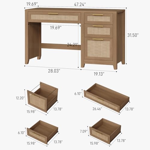 47" Farmhouse Rattan Executive Desk with File Drawer, Brown, view 3