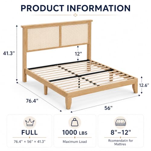 Full Size Wood Bed Frame with LED Light and Rattan Headboard, view 3