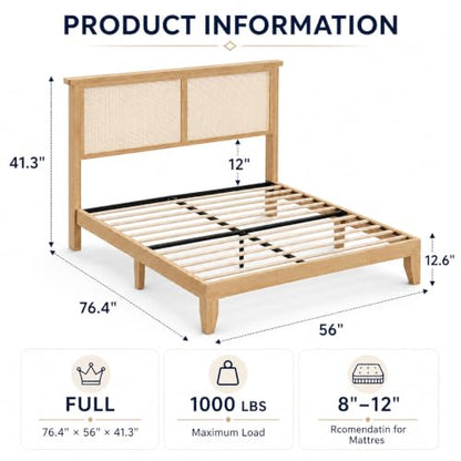 Full Size Wood Bed Frame with LED Light and Rattan Headboard, view 3