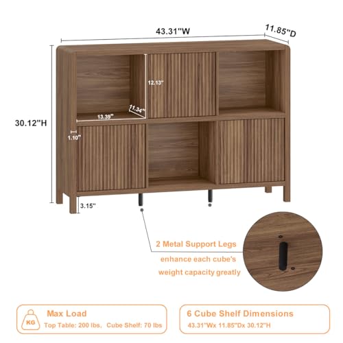 6 Horizontal Bookcase with 3 Doors, Low Farmhouse Cube Storage Organizer, view 3