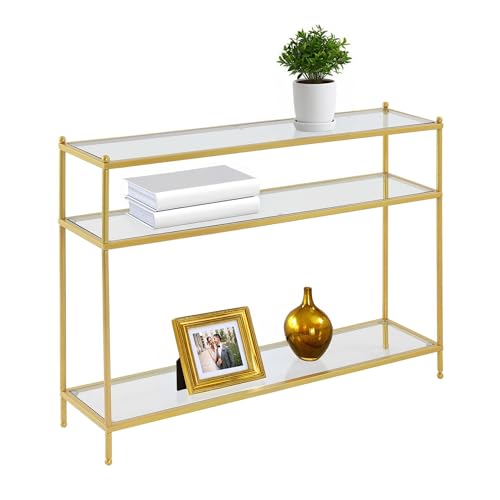 Royal Crest Glass Console Hall Table 42" - 3 Tier Modern, Contemporary Narrow Display Accent with Storage Shelves for Living Room, Entryway, Hallway, & Bedroom, Gold