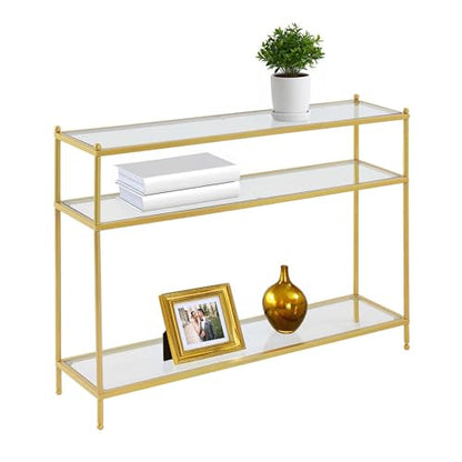 Royal Crest Glass Console Hall Table 42" - 3 Tier Modern, Contemporary Narrow Display Accent with Storage Shelves for Living Room, Entryway, Hallway, & Bedroom, Gold