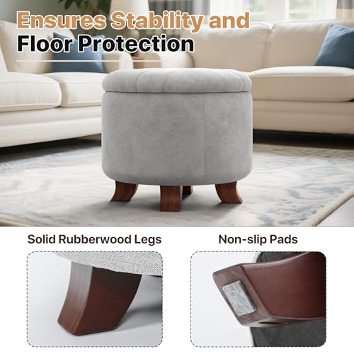 Round Ottoman, Ottoman with Storage, 20 Dia. x 17 H Inches Foot Rest Stool with Legs for Bedroom, Living Room, Decorative Home Furniture, Light Gray