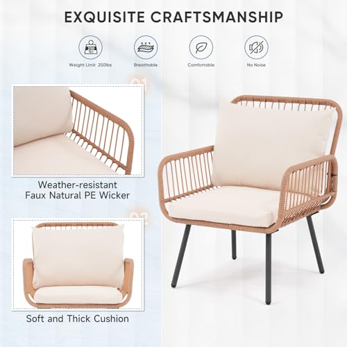 3 Pieces Patio Bistro Sets, Wicker Rattan Furniture Set | Round Glass Table, Outdoor, Balcony, Porch, Lawn, Garden, Backyard