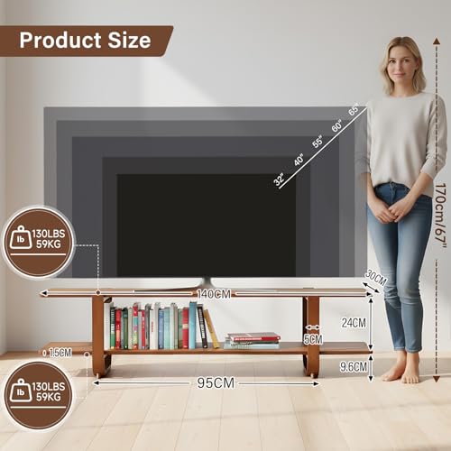 Walnut TV Stand for 65-Inch TVs, 2 Open Shelves, Modern Media Console, view 3