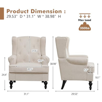 Accent Chair Set of 2, Mid Century Modern Fabric Wingback Chair, Upholstered Armchair with High Back and Vintage Legs, Comfy Single Sofa Side Reading Chair for Living Room Bedroom, Khaki