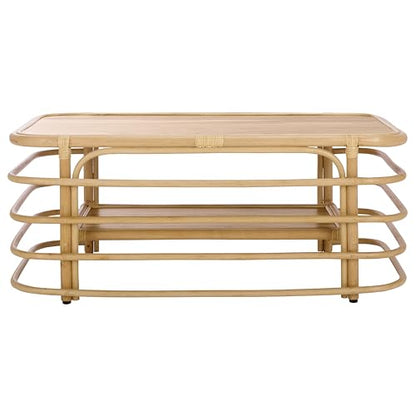 SAFAVIEH Home Collection - Maestro Natural Rattan & Wood Coffee Table, Rectangular Design with Lower Shelf, Fully Assembled (COF5400A)