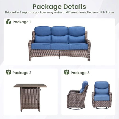 Luxury Patio Furniture Set with 6-inch Thick Cushion, Outdoor Furniture with Fire Pit Table, Swivel Chairs, Sofa, 4pcs Wicker Conversation Set for Deck Yard and Poolside(Brown Wicker | Blue Cushion)