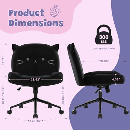Armless Office Desk Chair with Wheels,Ergonomic Criss Cross Legged Computer Chair with Fabric Padded, Height Adjustable Wide Seat Vanity Chairs,Mid Back Task Chair for Home, Bedroom (Black)