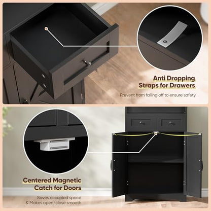 Farmhouse Storage Cabinet, Bathroom Floor Cabinet Kitchen Pantry with Doors and Drawers, Hutch Cupboard for Living Room, Bedroom, Laundry, Black