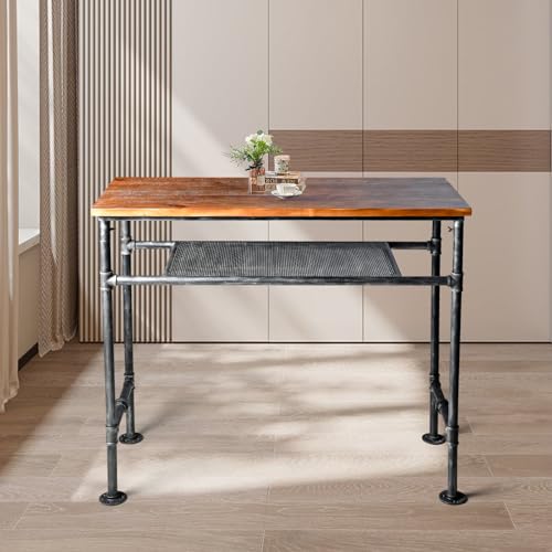 Industrial Rustic 41.3" Height Solid Pine Wood Top Rectangular Pub Bar Table Bar Height Kitchen Dining Room Table with Extra Shelf for Stroage Silver