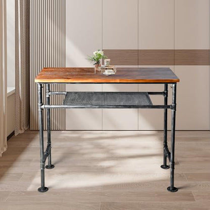 Industrial Rustic 41.3" Height Solid Pine Wood Top Rectangular Pub Bar Table Bar Height Kitchen Dining Room Table with Extra Shelf for Stroage Silver